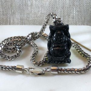 Genuine Black Jade & Silver Buddha Necklace